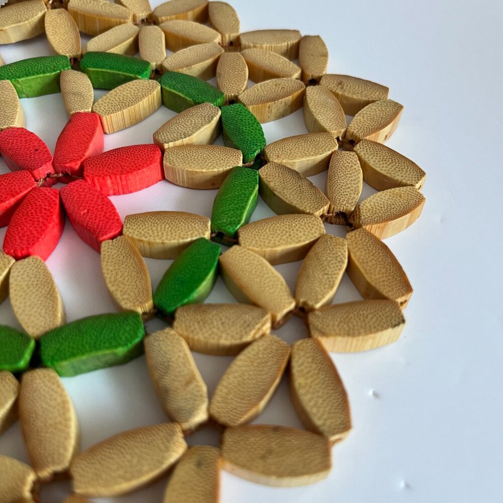 1970s Wood Bead Hot Plate Trivets Natural Colourful Set of 2 Bohemian